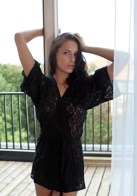 Slim dark hair young Diana G exposes small tits and spreads her legs 